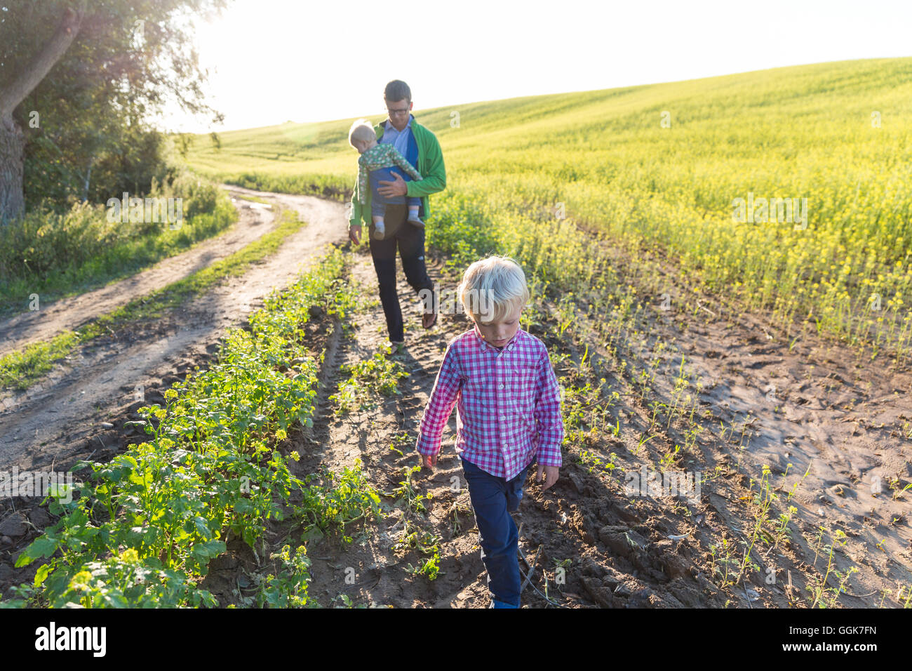 Padre e figli escursioni a piedi lungo un percorso di campo Schorfheide-Chorin, Riserva della Biosfera, Gerswalde-Friedenfelde, Uckermark, Brandenb Foto Stock