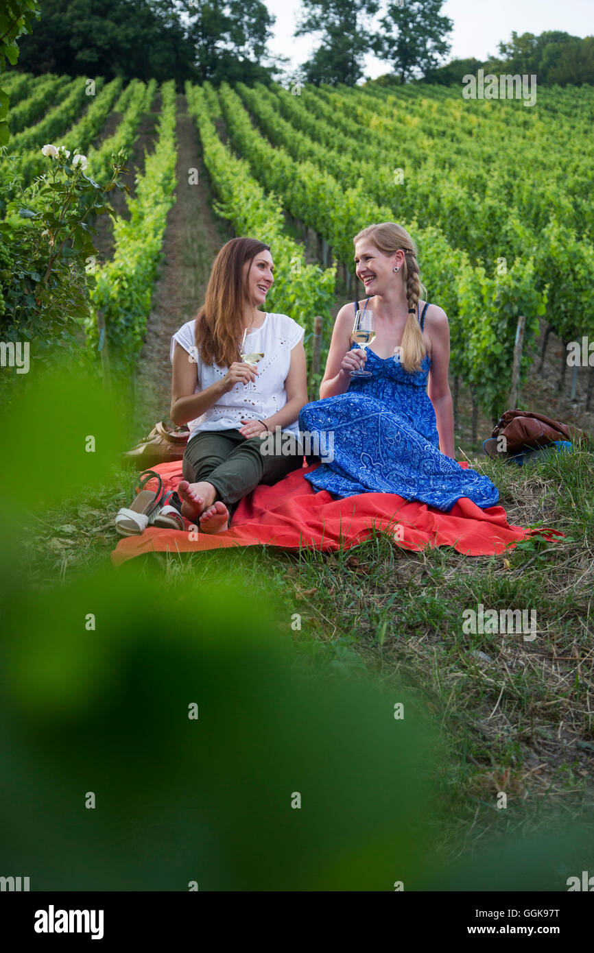 Due giovani donne gustando un bicchiere di vino bianco nella vigna sopra Weingut am Stein cantina (MR), Wuerzburg, Franconia, Bavaria Foto Stock