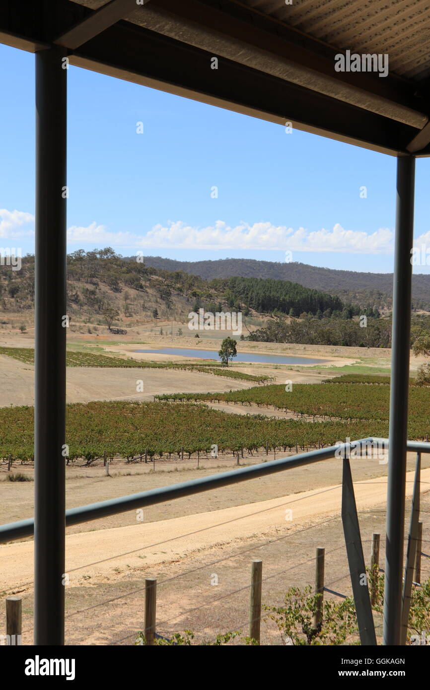 La vista dalla terrazza nei vigneti a Dalwhinnie Vini, Pirenei, Moonambel, Australia Foto Stock