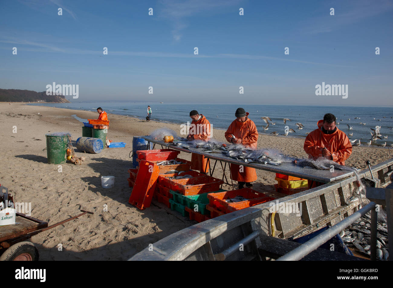 I pescatori sulla spiaggia nei pressi di Baabe, Moenchgut, Ruegen, Mar Baltico, Mecklenburg Vorpommern, Germania Foto Stock