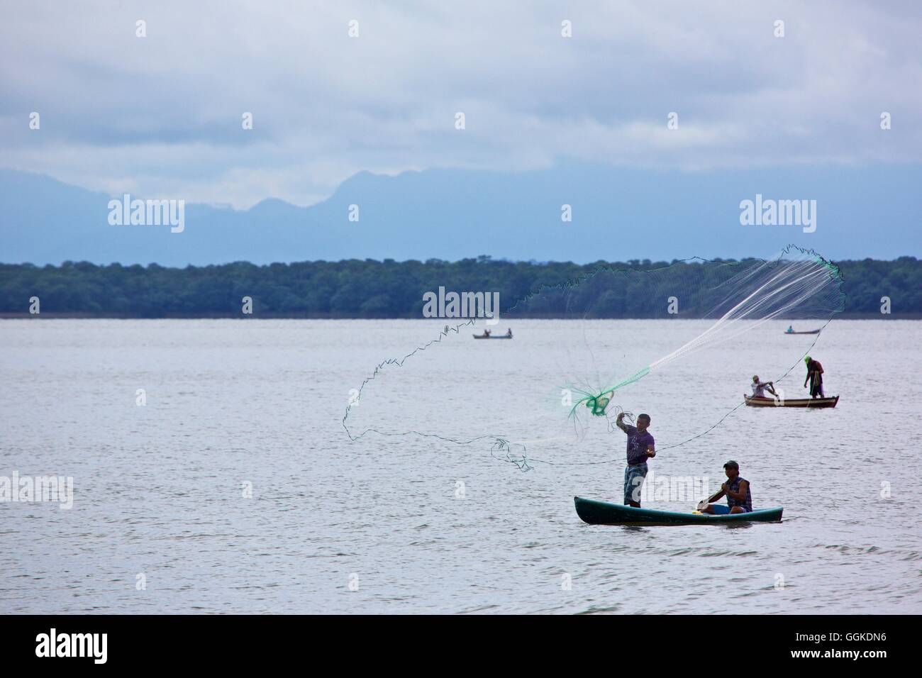 I pescatori sul Rio Dulce colata di una net, Guatemala, Sud America Foto Stock