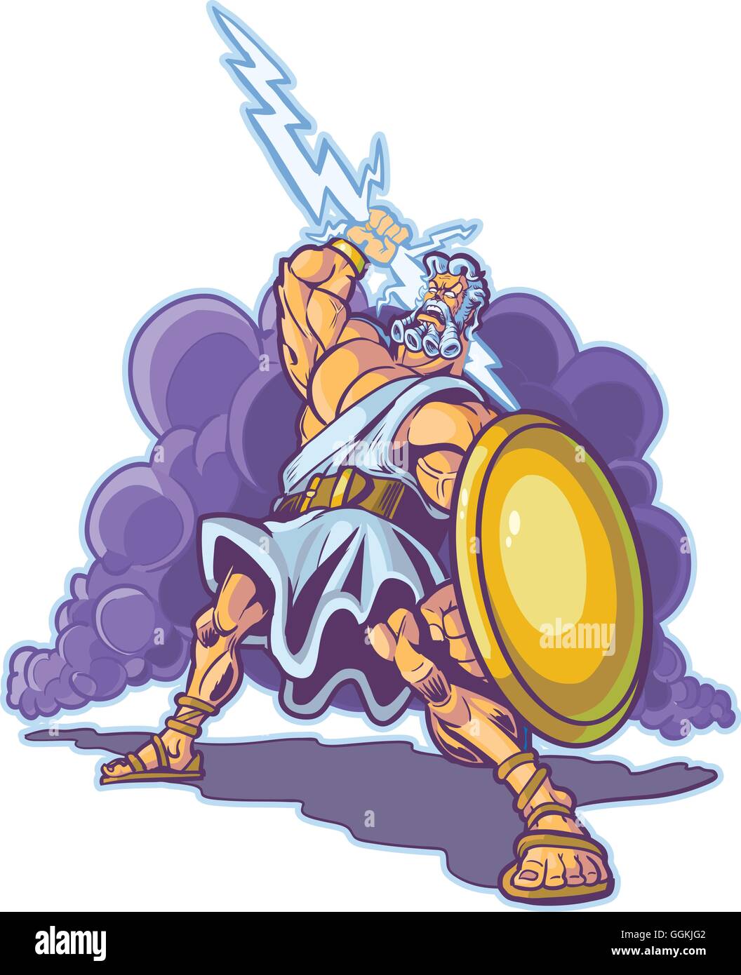 Vector clip art cartoon illustrazione di un arrabbiato greche o romane tuoni e fulmini dio o titan mascotte con un fulmine. Illustrazione Vettoriale