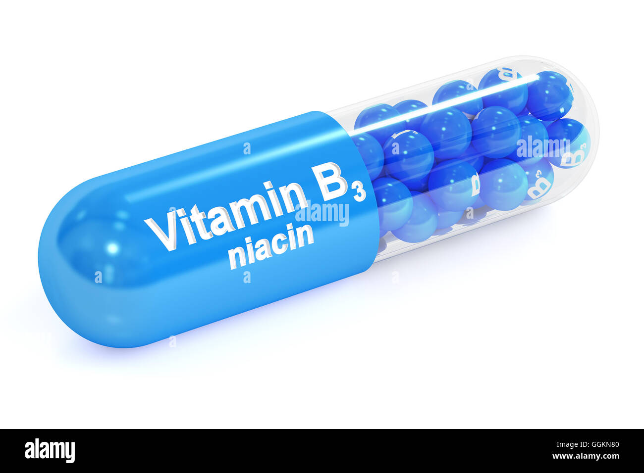 Capsula di vitamina B3, 3D rendering isolati su sfondo bianco Foto Stock
