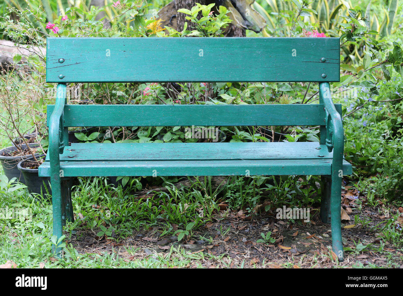 Green sedia o panca sulla massa nel parco pubblico e nessuno,vi è spazio disponibile per l'uso. Foto Stock