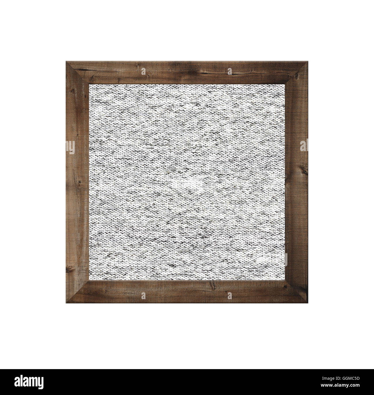 Il vecchio telaio in legno isolato e hanno tessuto grigio Sfondo su sfondo bianco. Foto Stock