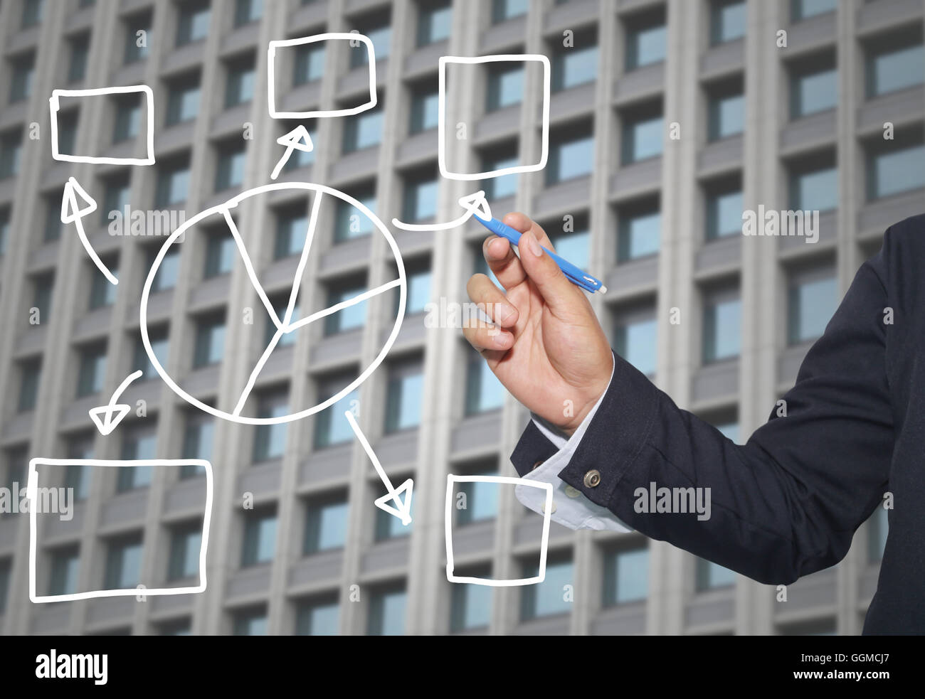 Mano di imprenditore di grafica di disegno a simboli forme geometriche grafico per le informazioni di input concetto di profitto degli investimenti in busin Foto Stock