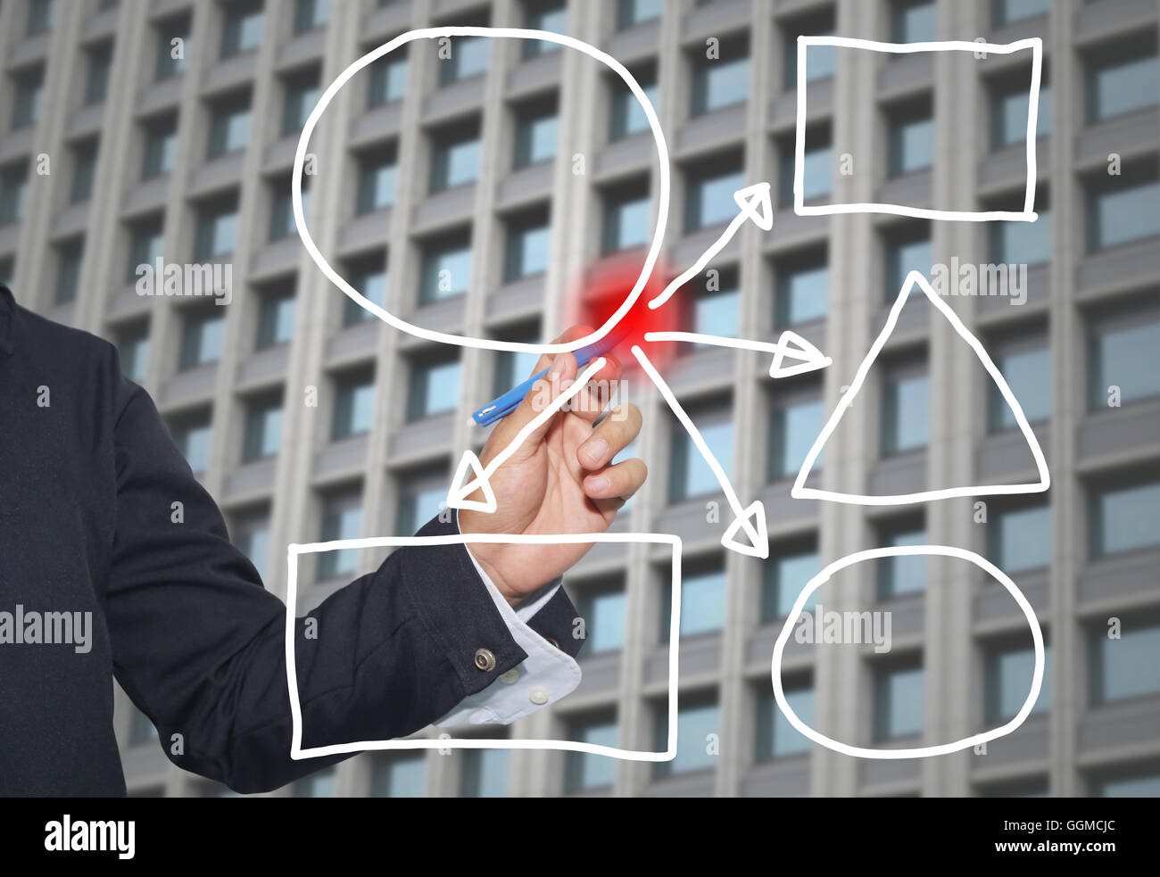 Mano di imprenditore di grafica di disegno a simboli forme geometriche grafico per le informazioni di input concetto di profitto degli investimenti in busin Foto Stock