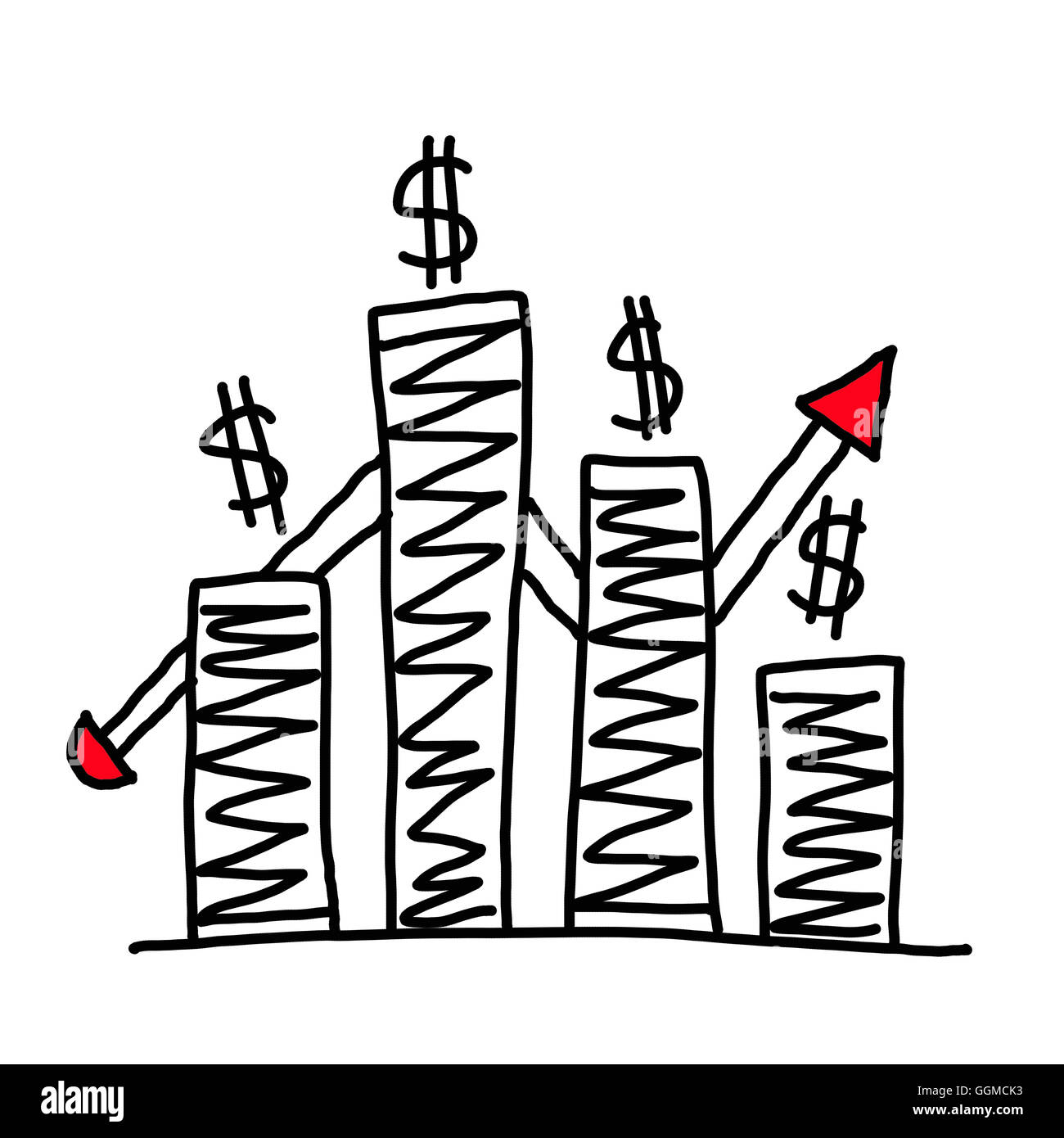 Disegnata a mano un grafico di grafica ad alto punto di dati sempre più al concetto di profitto in business su sfondo bianco. Foto Stock