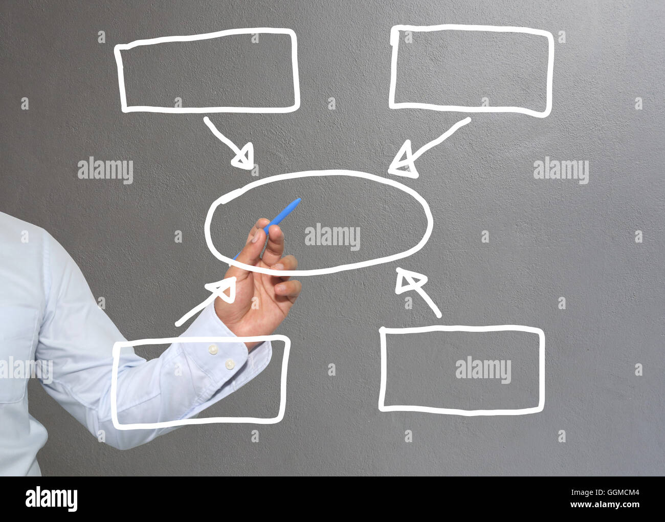 Mano di imprenditore di grafica di disegno a simboli forme geometriche grafico per le informazioni di input concetto di profitto degli investimenti in busin Foto Stock
