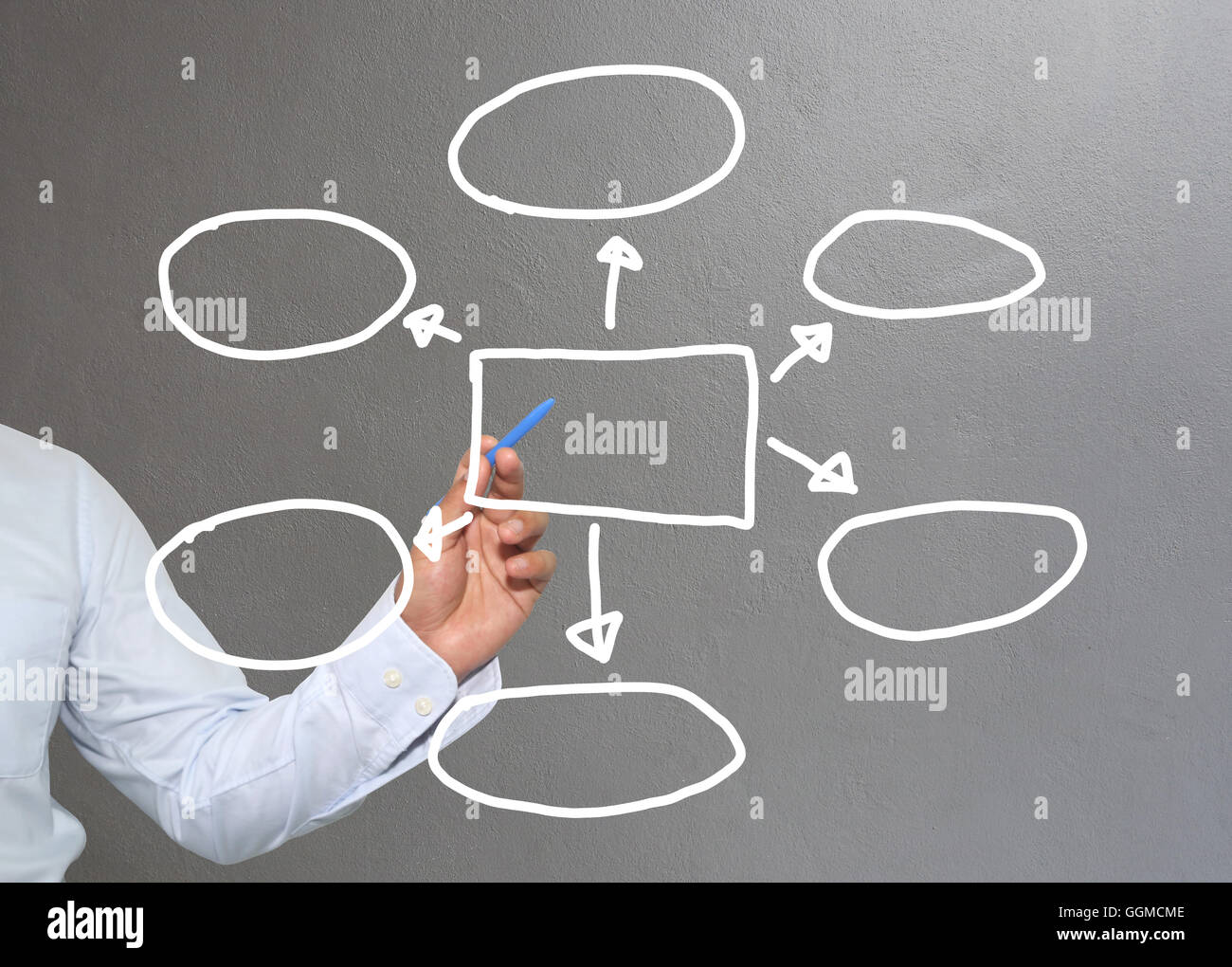 Mano di imprenditore di grafica di disegno a simboli forme geometriche grafico per le informazioni di input concetto di profitto degli investimenti in busin Foto Stock