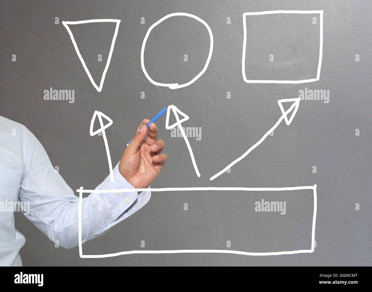 Mano di imprenditore di grafica di disegno a simboli forme geometriche grafico per le informazioni di input concetto di profitto degli investimenti in busin Foto Stock
