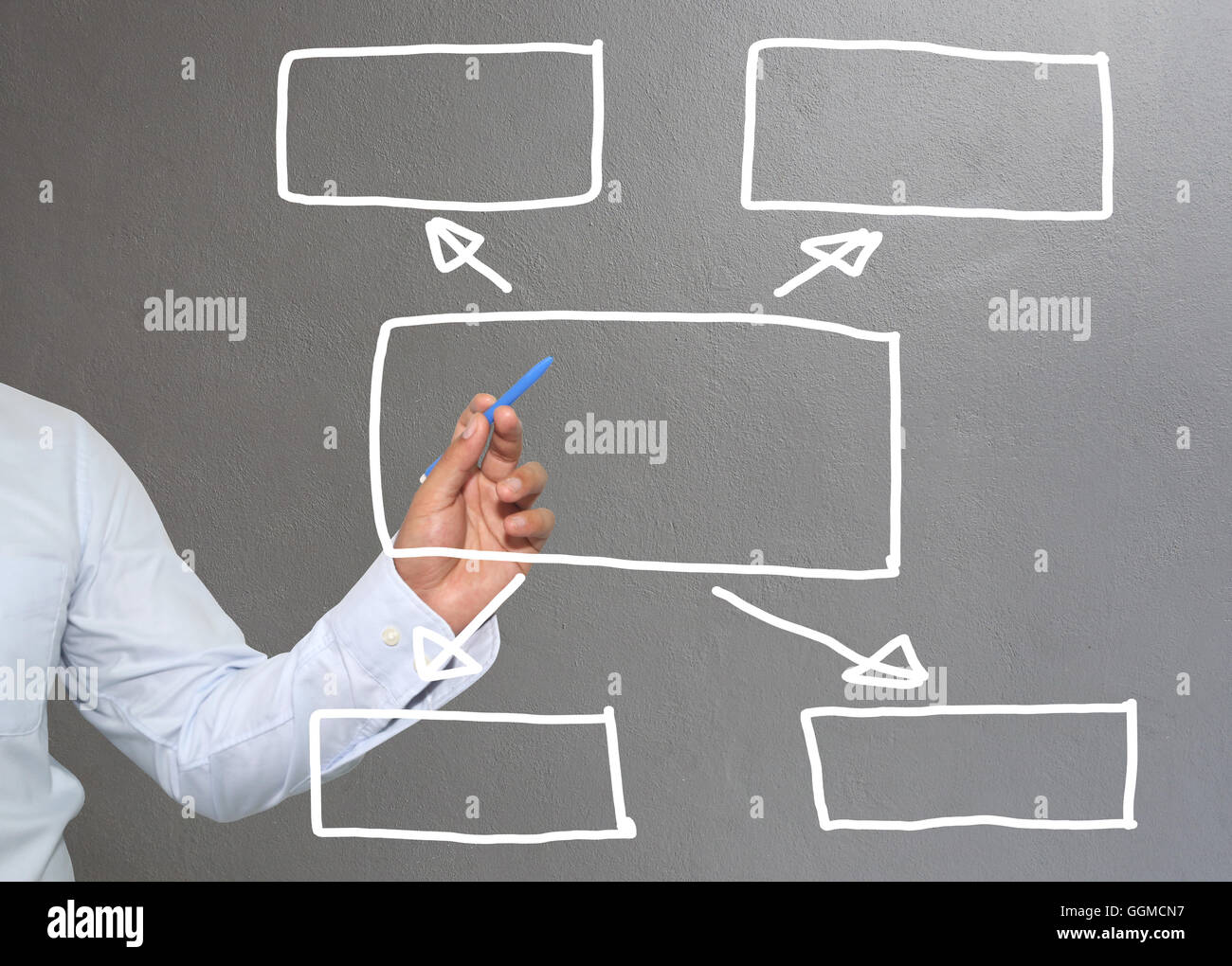 Mano di imprenditore di grafica di disegno a simboli forme geometriche grafico per le informazioni di input concetto di profitto degli investimenti in busin Foto Stock