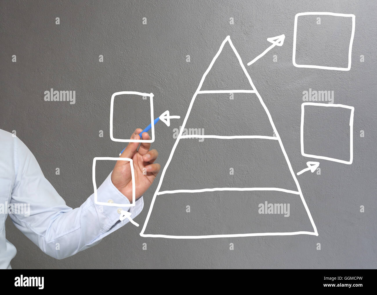 Mano di imprenditore di grafica di disegno a simboli forme geometriche grafico per le informazioni di input concetto di profitto degli investimenti in busin Foto Stock