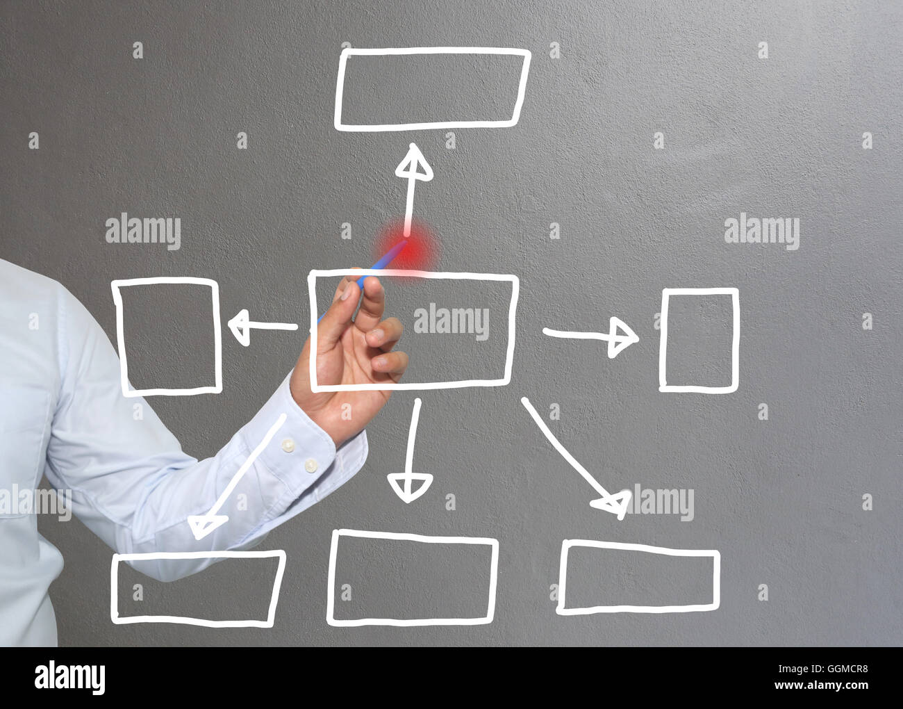 Mano di imprenditore di grafica di disegno a simboli forme geometriche grafico per le informazioni di input concetto di profitto degli investimenti in busin Foto Stock