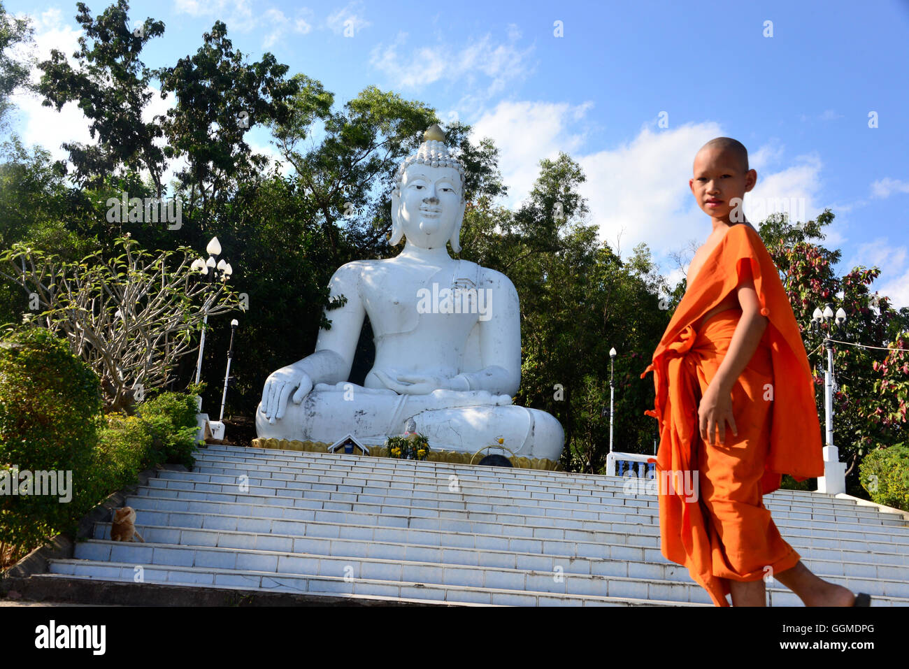 Monaco buddista di Wat Thaton oltre il fiume Mae Kok, North-Thailand, Thailandia Foto Stock