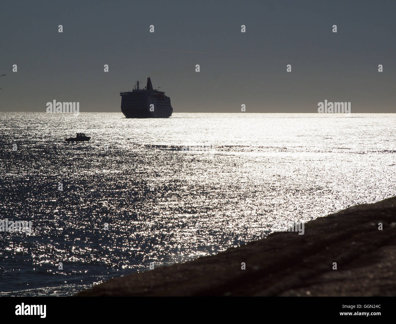 Newcastle Upon Tyne, 6 agosto 2016, UK Meteo. DFDS '', la 31788T ''Re Seaway"' ferry stagliano contro il Rising Sun sul suo approccio al Porto di Tyne, North Tyneside. Credito: James Walsh Alamy/Live News Foto Stock