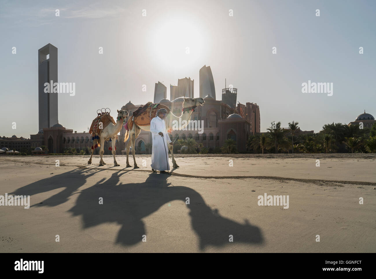 Medio Oriente a piedi man cammelli vicino alla città Foto Stock