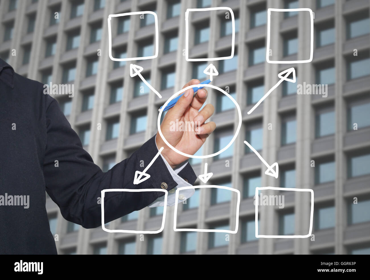 Mano di imprenditore di grafica di disegno a simboli forme geometriche grafico per le informazioni di input concetto di profitto degli investimenti in busin Foto Stock