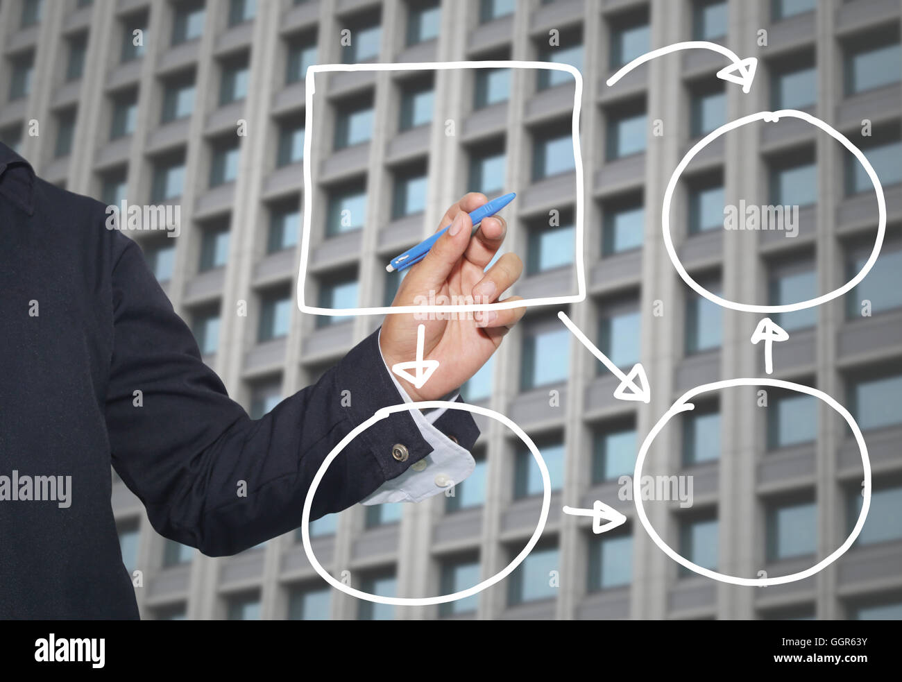 Mano di imprenditore di grafica di disegno a simboli forme geometriche grafico per le informazioni di input concetto di profitto degli investimenti in busin Foto Stock