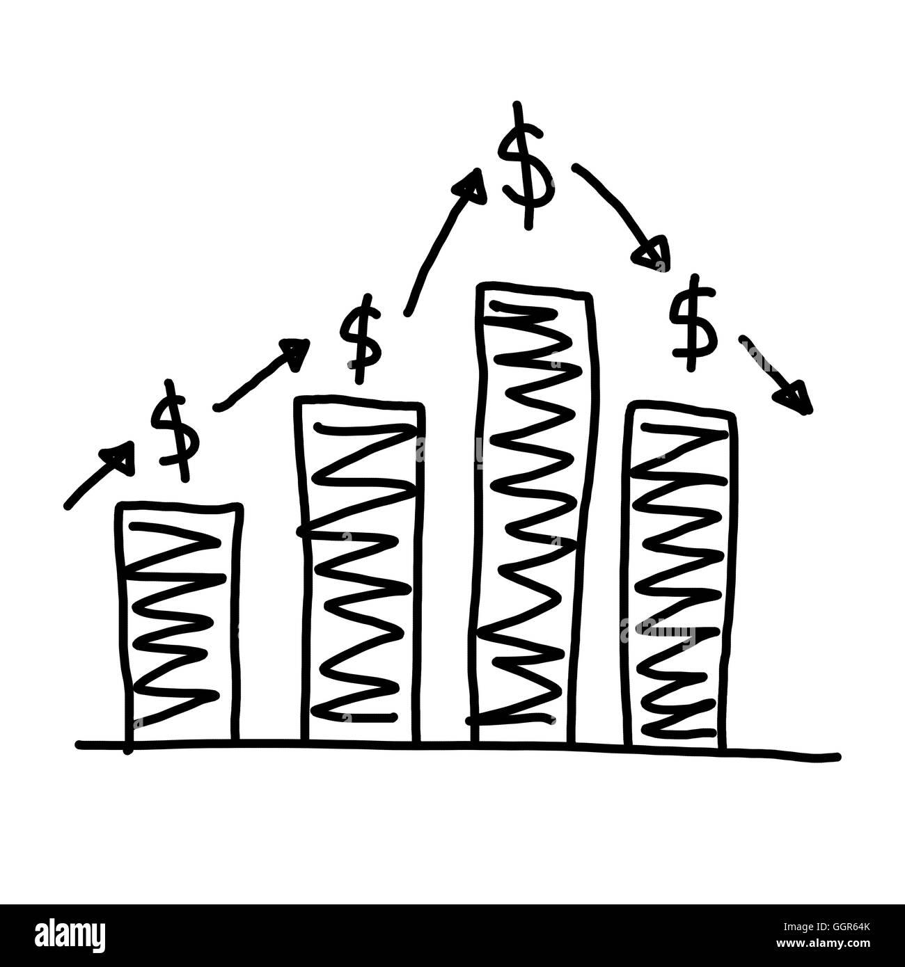 Disegnata a mano un grafico di grafica ad alto punto di dati sempre più al concetto di profitto in business su sfondo bianco. Foto Stock