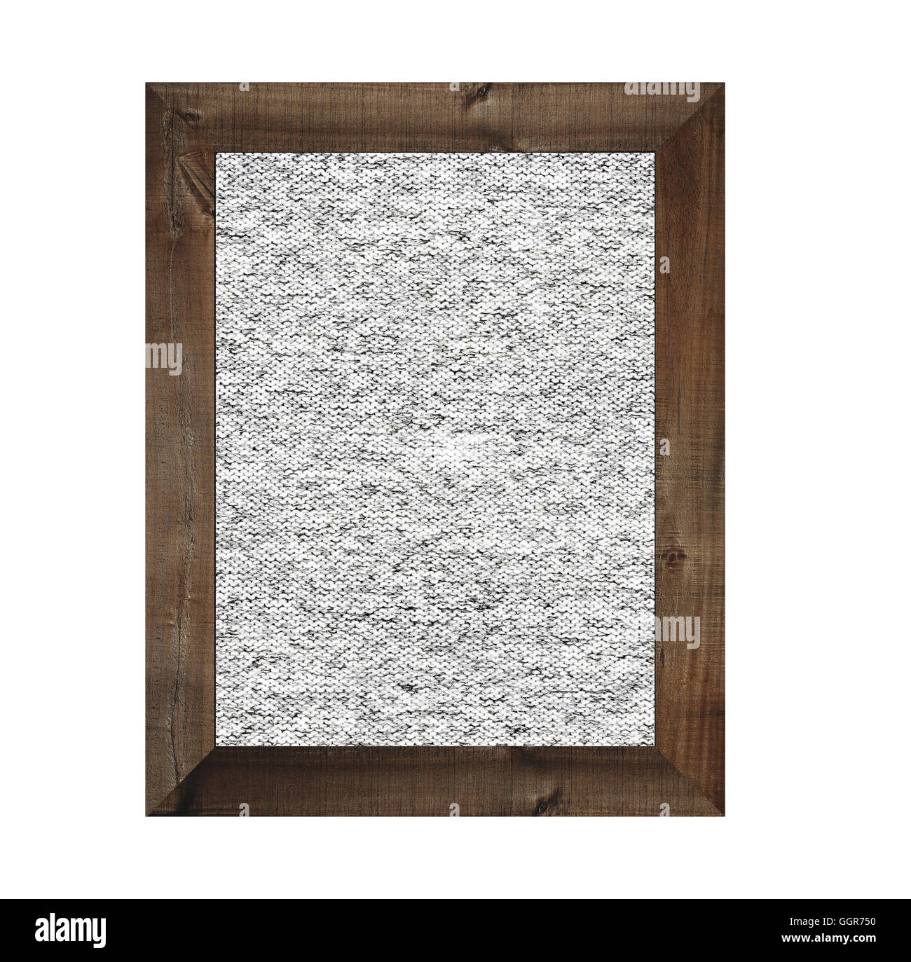 Il vecchio telaio in legno isolato e hanno tessuto grigio Sfondo su sfondo bianco. Foto Stock