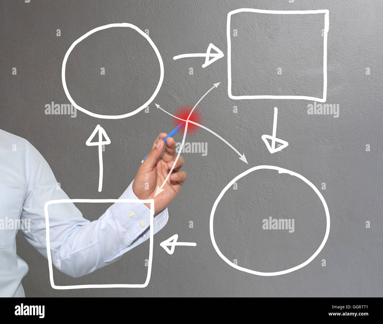 Mano di imprenditore di grafica di disegno a simboli forme geometriche grafico per le informazioni di input concetto di profitto degli investimenti in busin Foto Stock