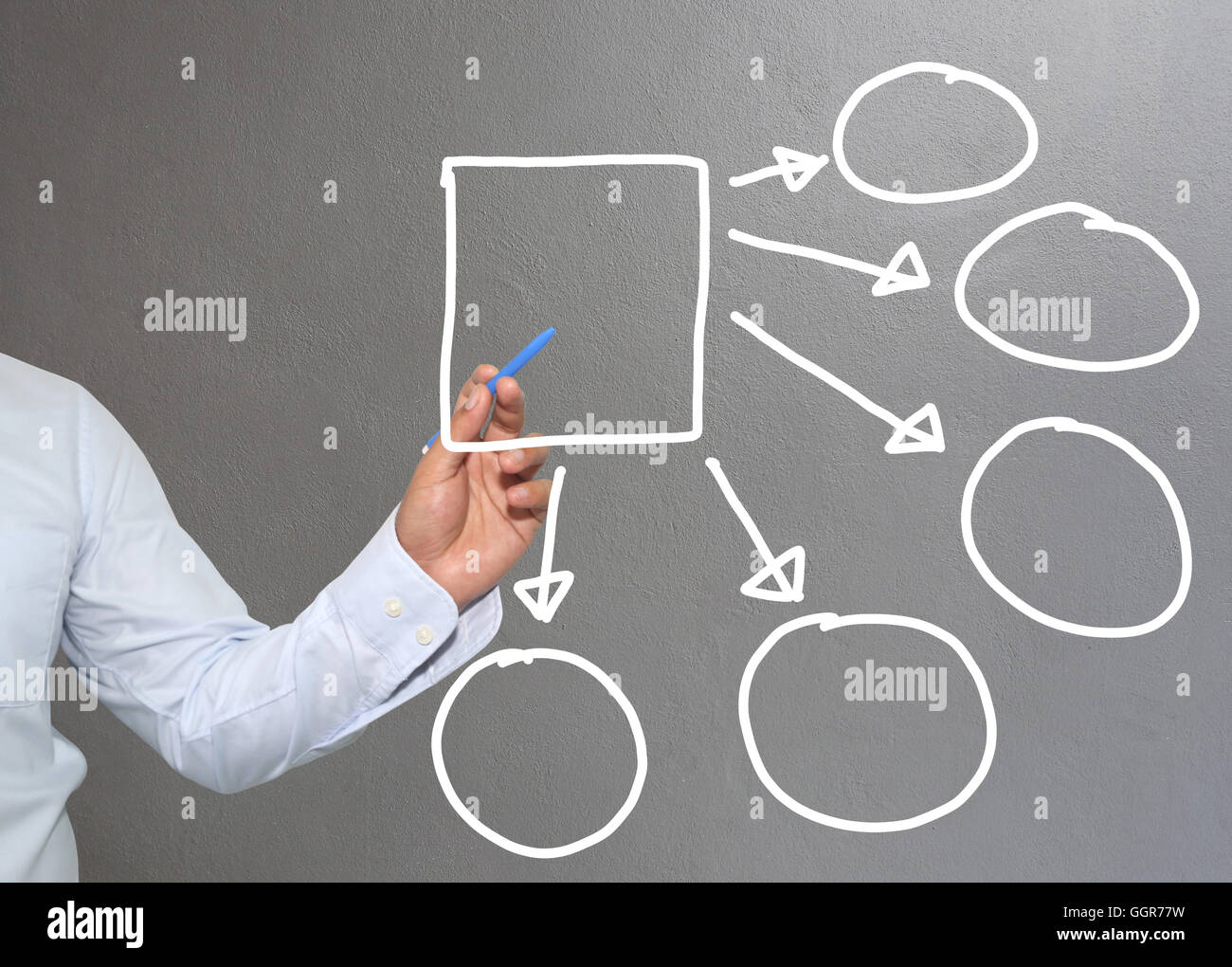 Mano di imprenditore di grafica di disegno a simboli forme geometriche grafico per le informazioni di input concetto di profitto degli investimenti in busin Foto Stock
