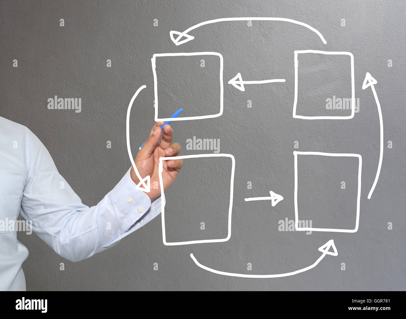 Mano di imprenditore di grafica di disegno a simboli forme geometriche grafico per le informazioni di input concetto di profitto degli investimenti in busin Foto Stock
