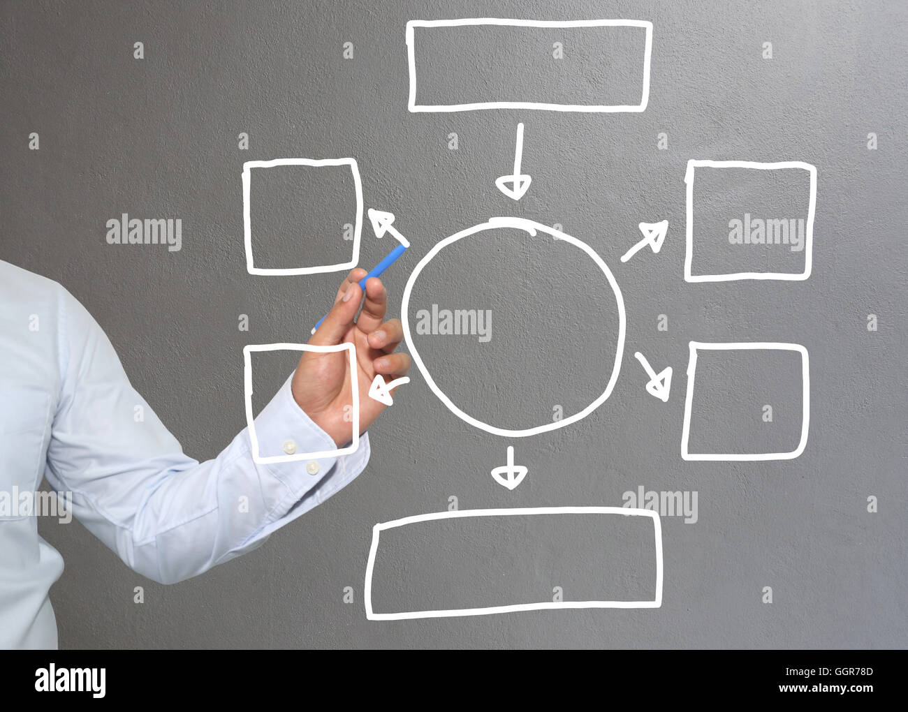 Mano di imprenditore di grafica di disegno a simboli forme geometriche grafico per le informazioni di input concetto di profitto degli investimenti in busin Foto Stock
