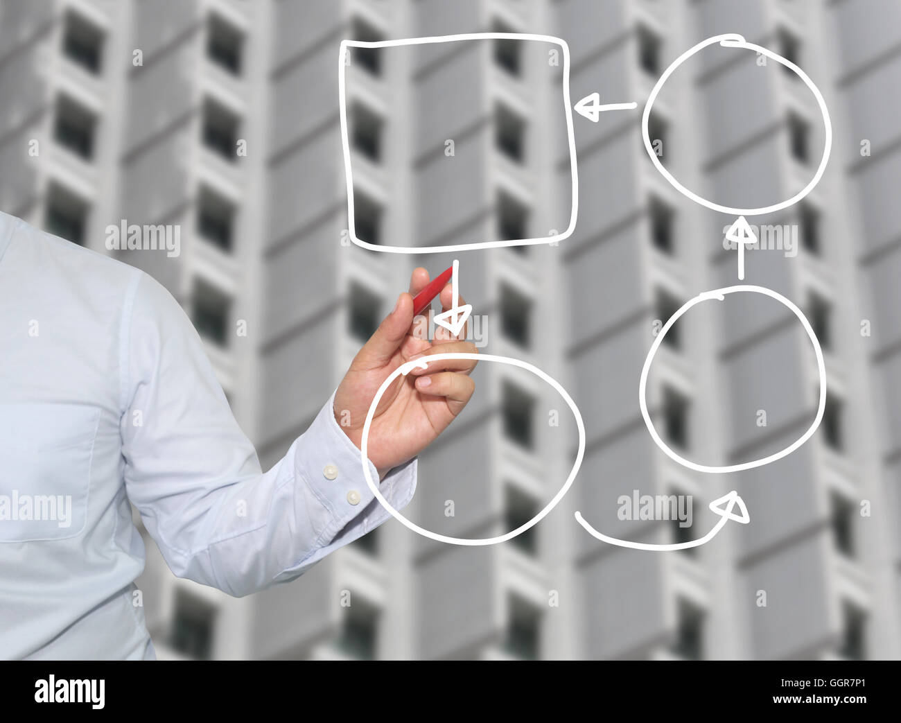 Mano di imprenditore di grafica di disegno a simboli forme geometriche grafico per le informazioni di input concetto di profitto degli investimenti in busin Foto Stock