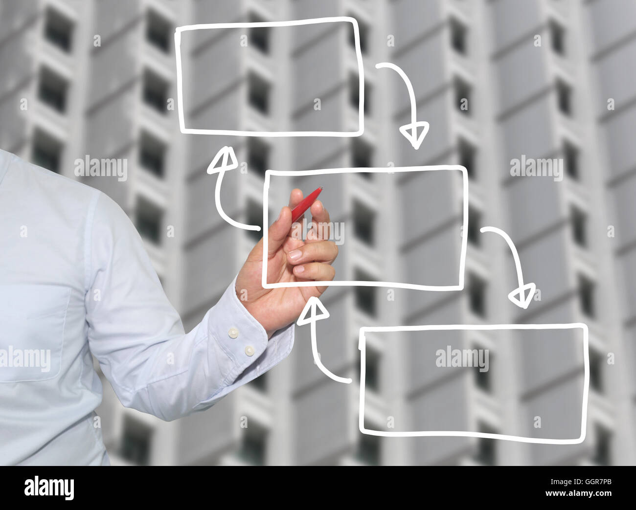 Mano di imprenditore di grafica di disegno a simboli forme geometriche grafico per le informazioni di input concetto di profitto degli investimenti in busin Foto Stock