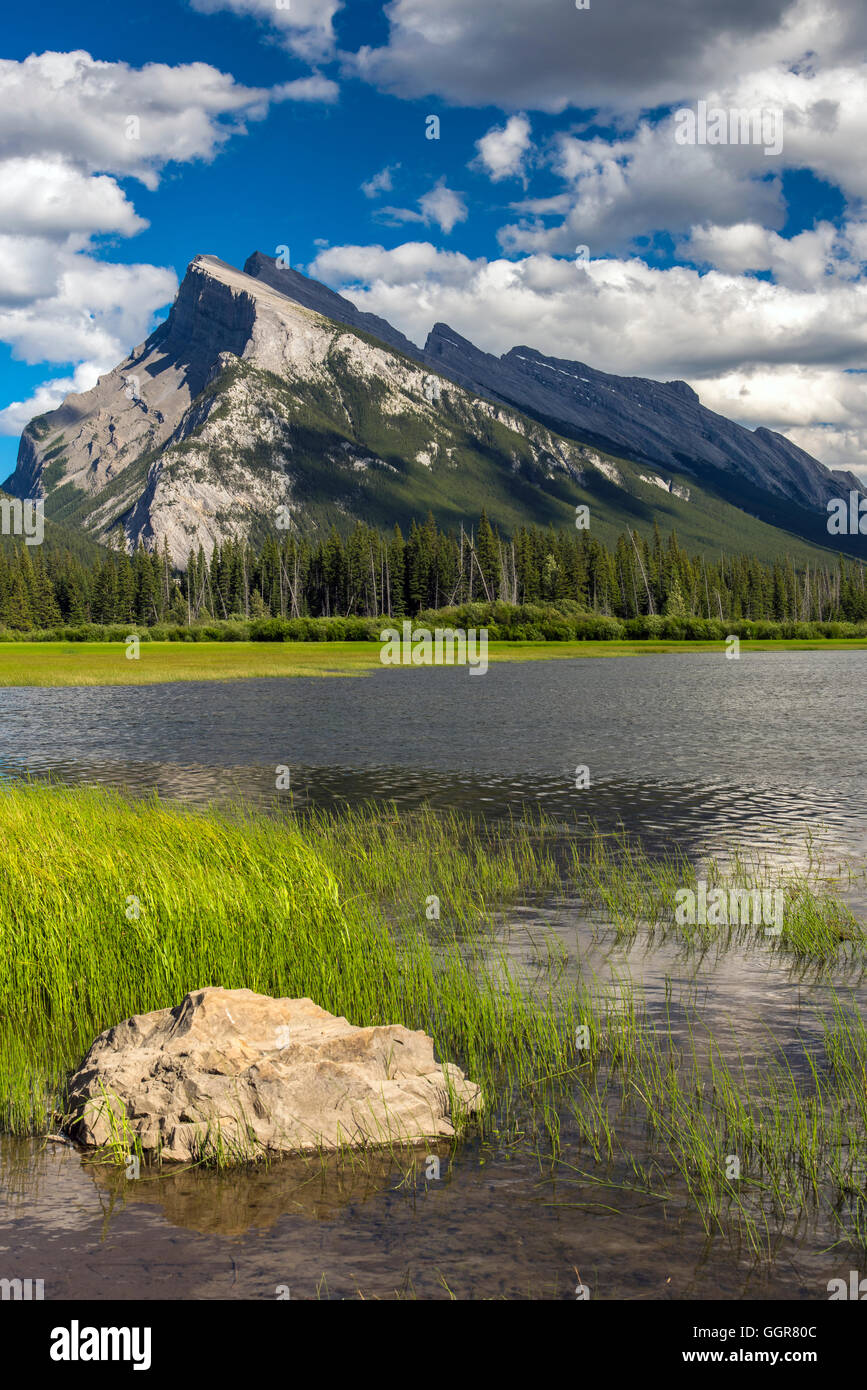 Mount Rundle e vermiglio laghi, il Parco Nazionale di Banff, Alberta, Canada Foto Stock