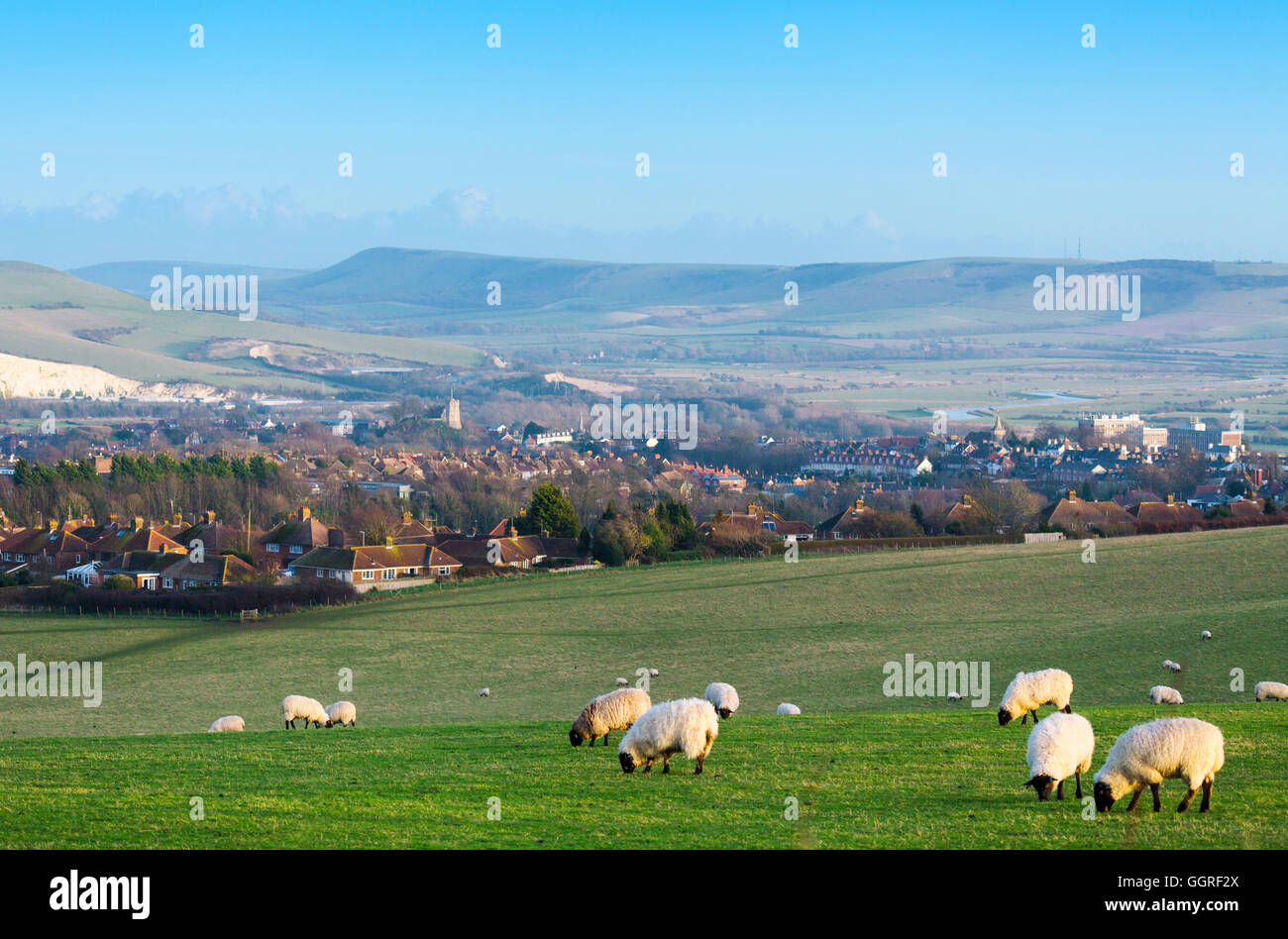 Il South Downs vicino Offham Hill mostra la battaglia di Lewes il campo di battaglia), il Ouse Valley e Lewes town - la casa di Tom Paine e Anne of Cleves Foto Stock