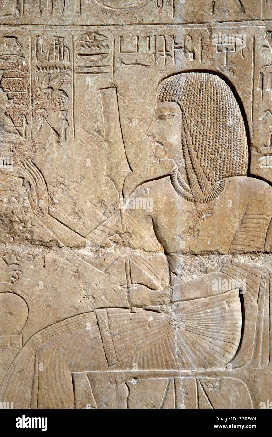 L'Egitto,Saqqara, rilievi nella tomba di Maya il sovrintendente del Regio Tesoro di Tutankhamun (XVIII° dyn.) Foto Stock