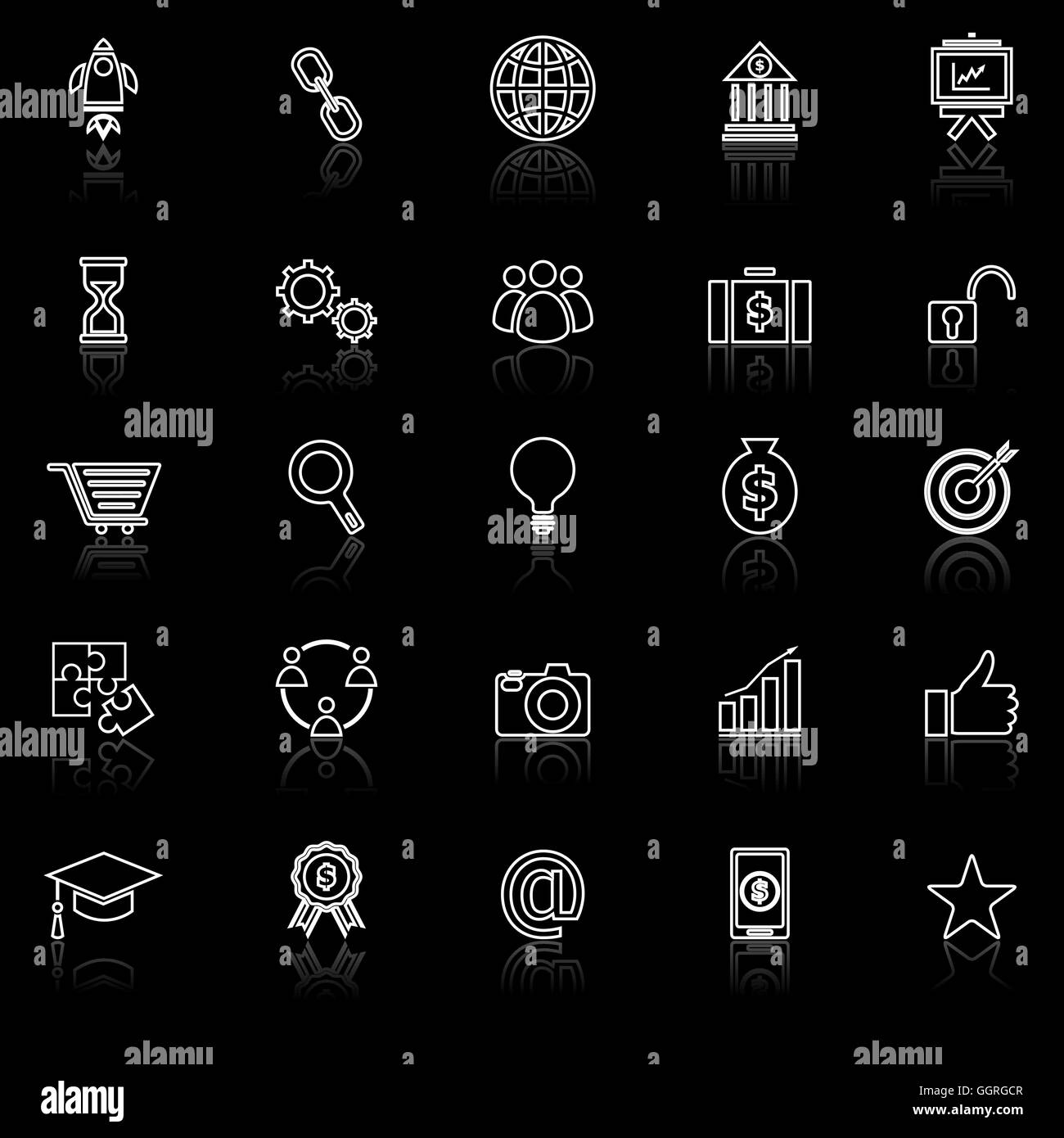 Avviare il linea con le icone di riflettere su sfondo nero, vettore di stock Illustrazione Vettoriale