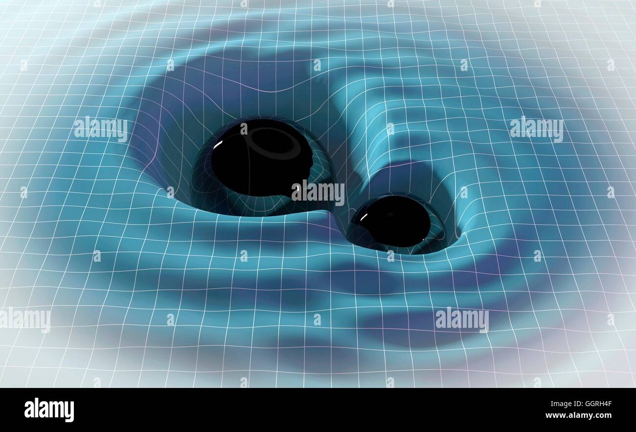 Illustrazione di due buchi neri orbitanti intorno ad altre, emissione di onde gravitazionali. Le onde gravitazionali la predizione di Einstein la teoria della relatività generale. Distorsione di gravità lo spacetime massa, cambiamenti nella corsa di distorsione in onde alla velocità della luce. effetto pronunciato extr Foto Stock