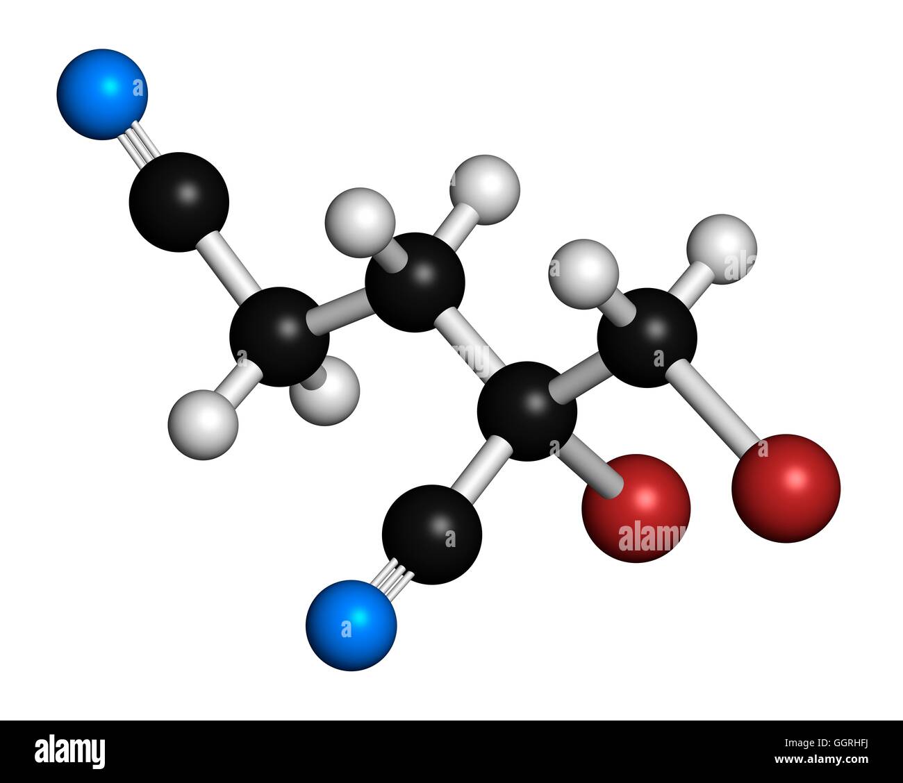 Methyldibromo glutaronitrile molecola di conservante. Allergene comune  causando la dermatite allergica da contatto. Il rendering 3D. Gli atomi  sono rappresentati come sfere con i tradizionali colori: idrogeno (bianco),  carbonio (nero), Azoto (blu),