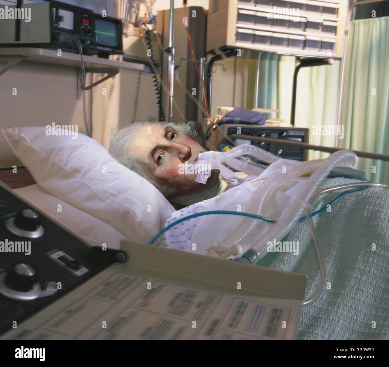 George Washington nel letto di ospedale a sostegno della vita Foto Stock