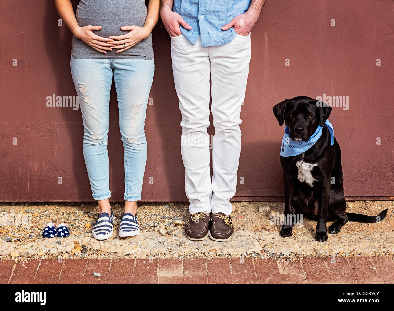 Uomo caucasico e madre in attesa con il cane e scarpe per bambini Foto Stock