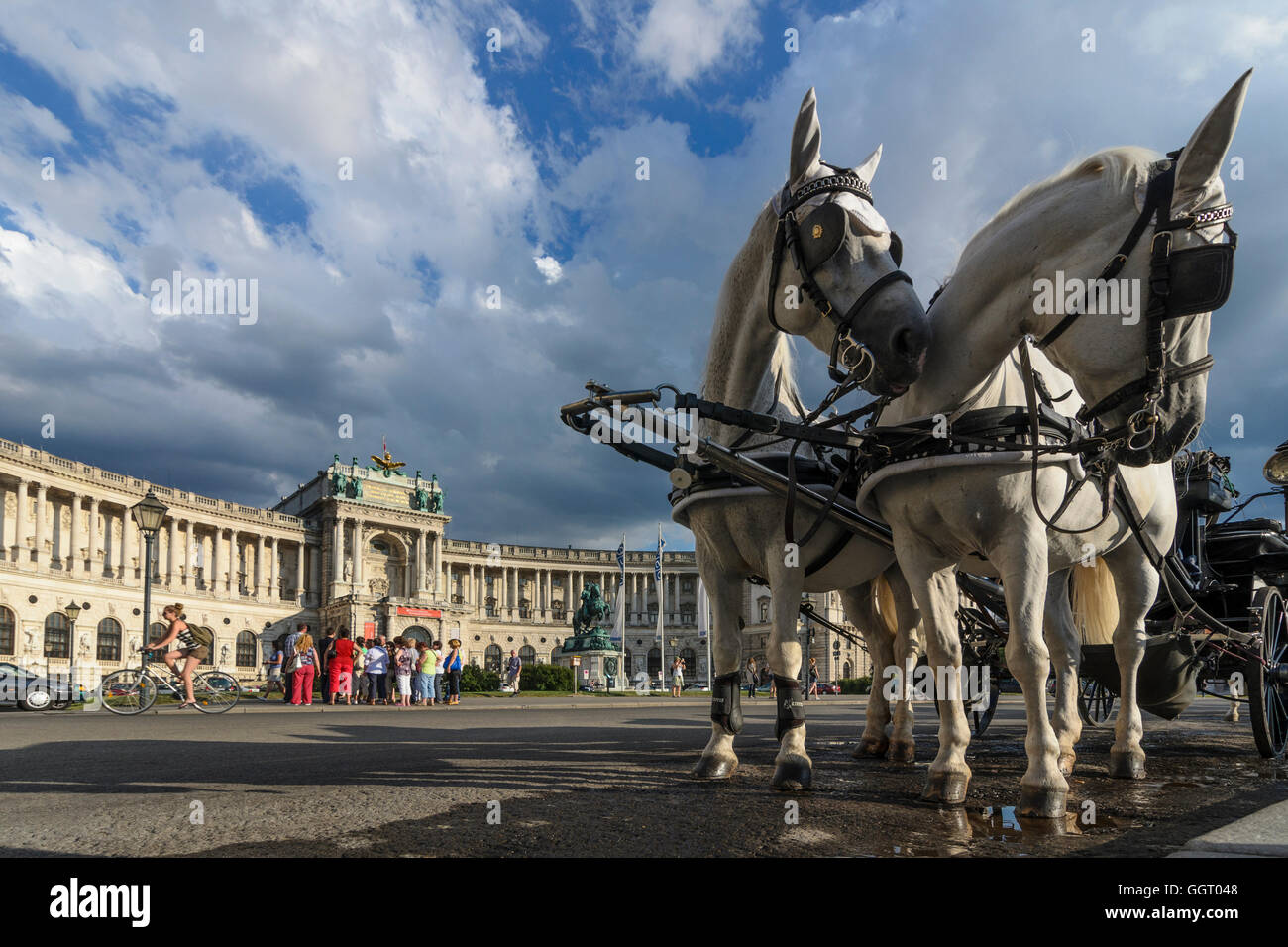 Wien, Vienna: Heldenplatz con nuovo Hofburg e (Fiaker horse cabina), Austria, Wien, 01. Foto Stock