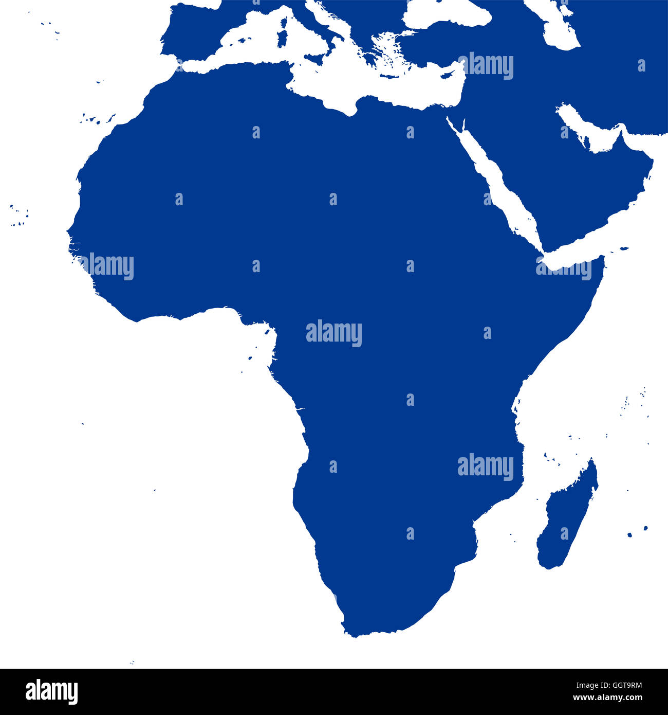 Africa mappa politico e la regione circostante. Silhouette blu Immagine su sfondo bianco. Foto Stock