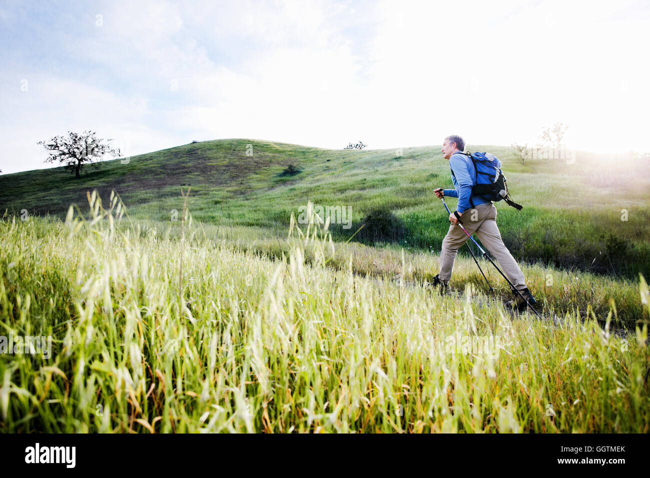 Uomo caucasico escursionismo in sul sentiero di montagna Foto Stock