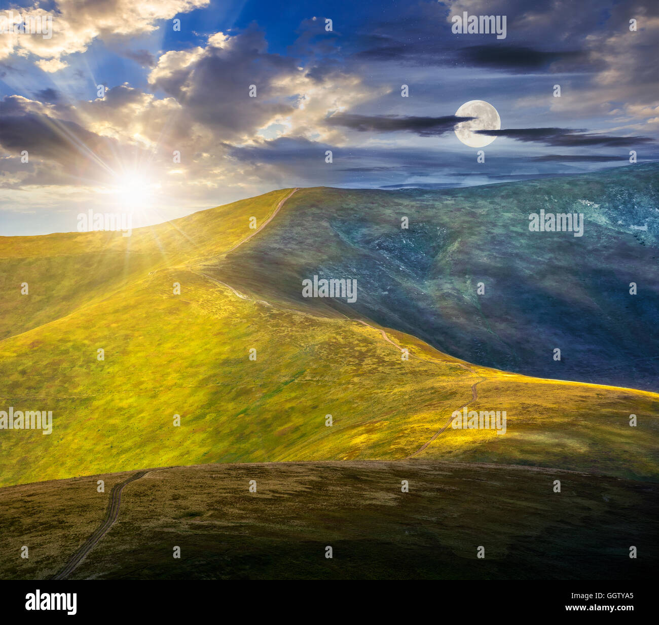 Di giorno e di notte immagine composita di strada tortuosa attraverso grandi prati sulla collina di Polonina mountain range Foto Stock