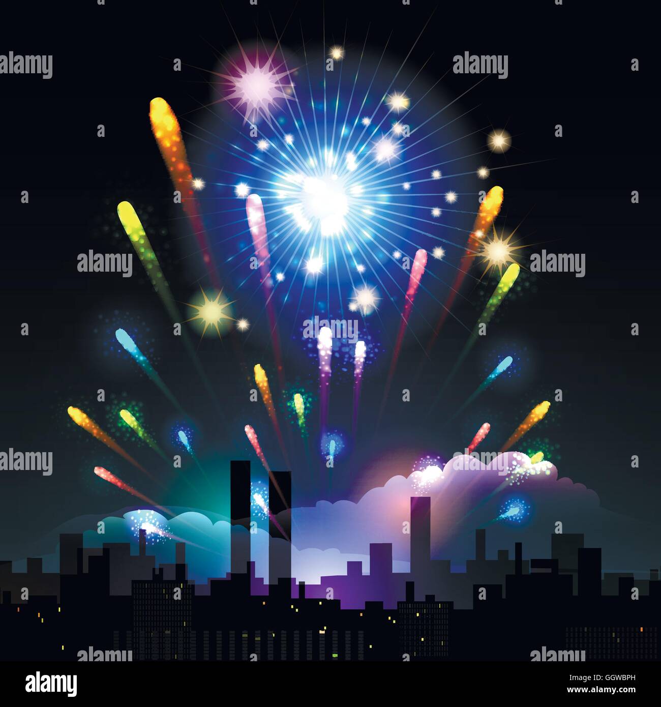 Fuochi d'artificio sopra la città di notte. Vacanza o Celebrazione del tempo. Illustrazione Vettoriale