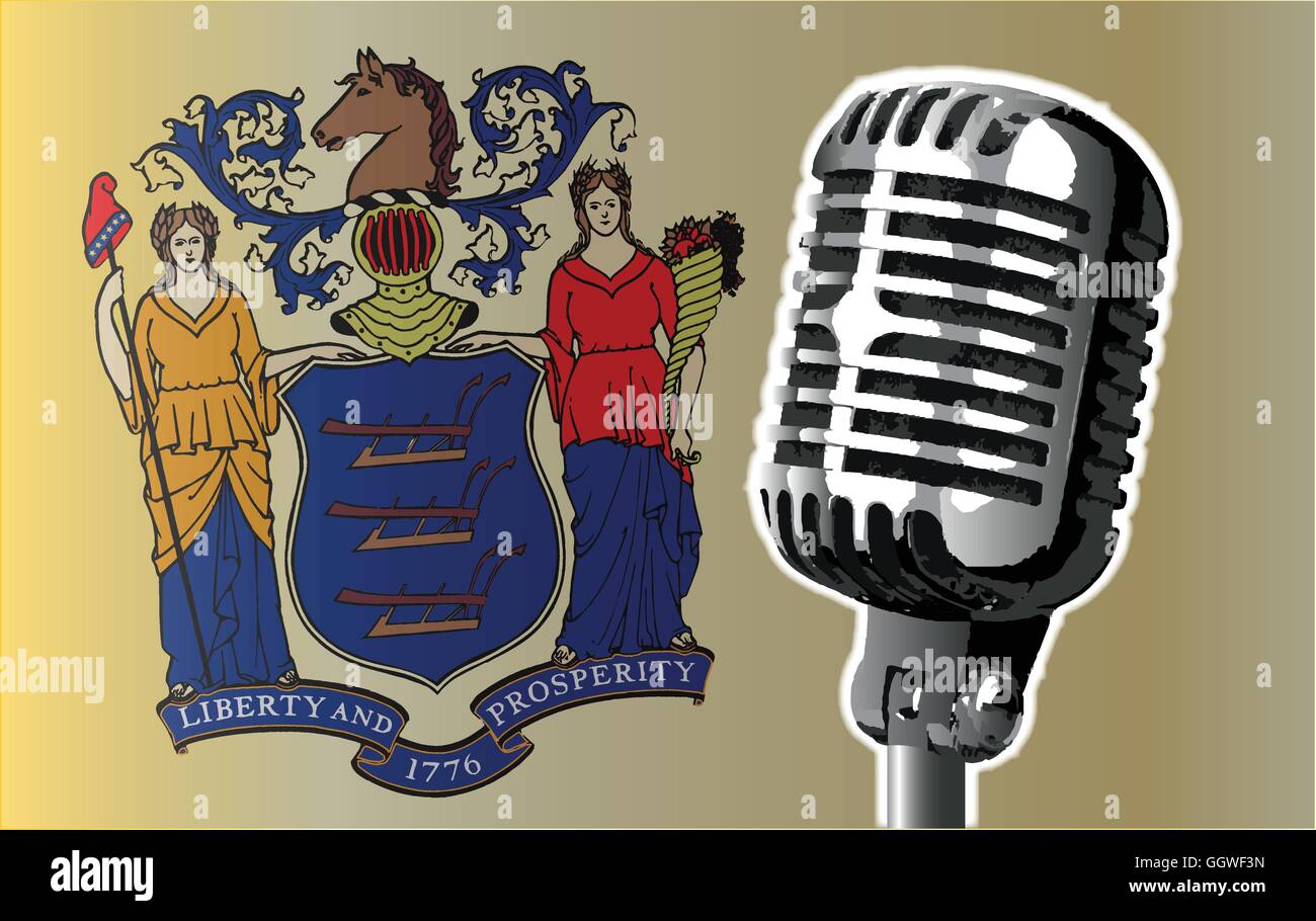 Lo stato del New Jersey bandiera con uno stile tradizionale microfono Illustrazione Vettoriale