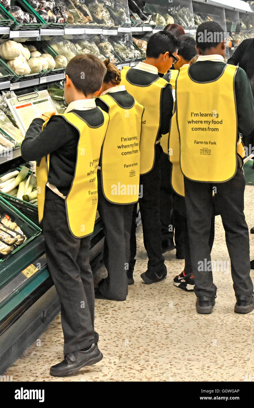 Un gruppo di bambini della scuola in uniforme che indossa alta visibilità pettorine sul viaggio al locale supermercato Tesco interno per imparare circa il Regno Unito della catena di approvvigionamento alimentare Foto Stock