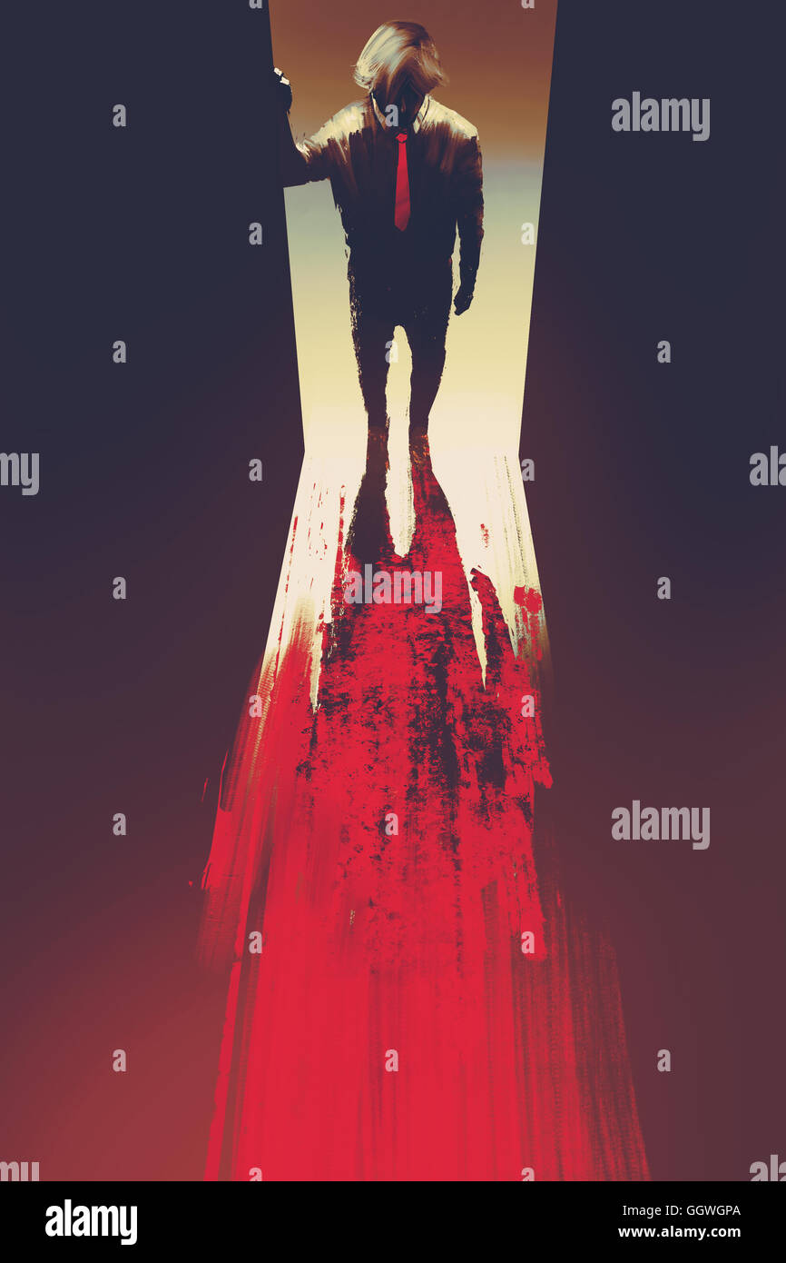 Uomo in piedi di fronte alla porta,omicidio concetto,illustrazione pittura Foto Stock