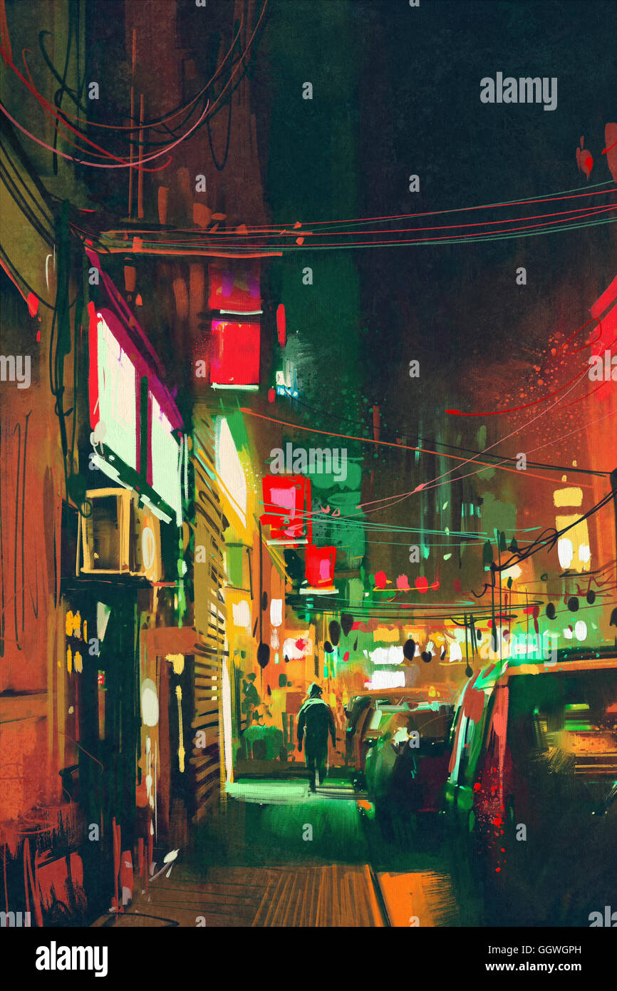 Il marciapiede in città la sera con luce colorata,pittura digitale Foto Stock