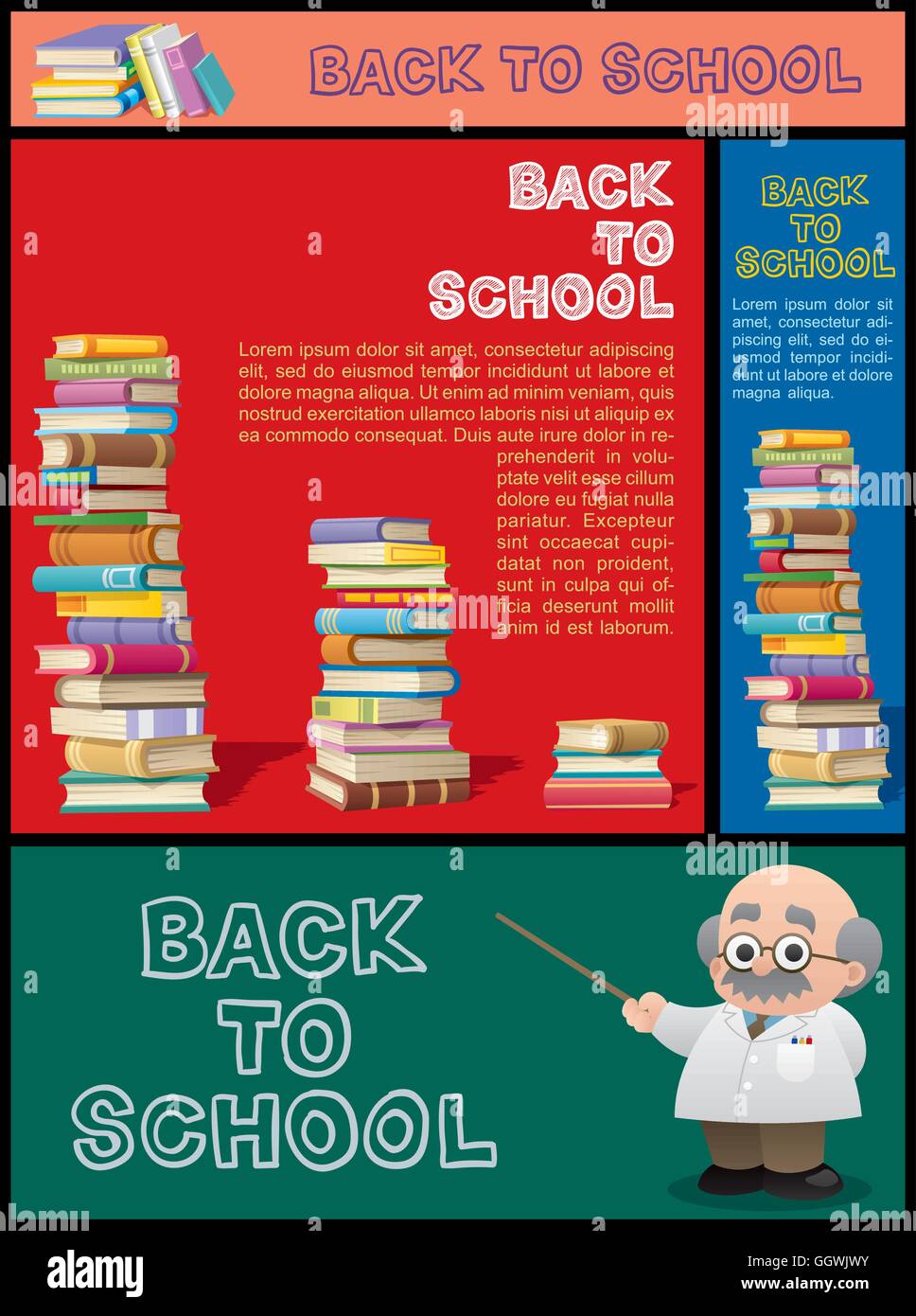 Set di cartoon banner per la scuola, l'istruzione, bookstore, biblioteca e la conoscenza in generale. Illustrazione Vettoriale