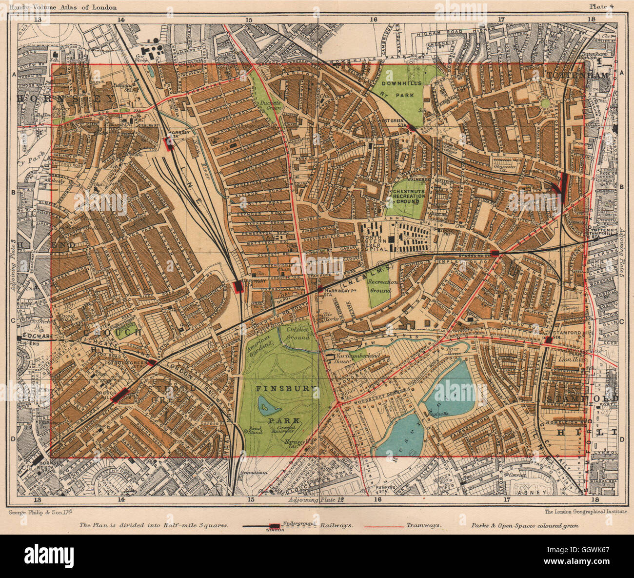 N Londra. Hornsey Crouch Hill Tottenham Stamford Hill Harringay, 1932 mappa vecchia Foto Stock